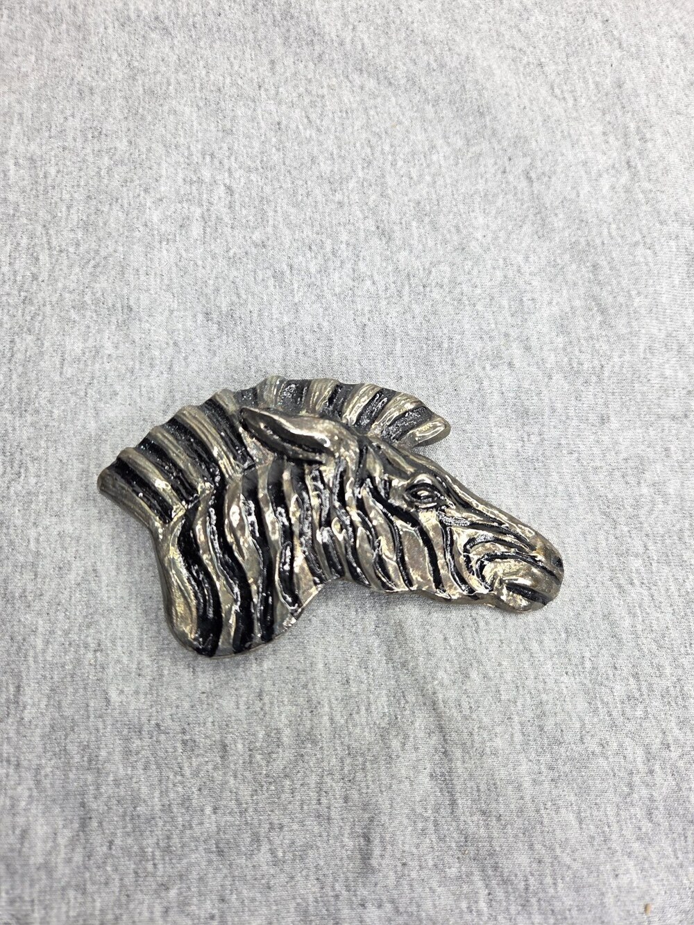 Vintage Zebra Head Belt Buckle Silver Tone Black Enamel Stripes Large Figural
